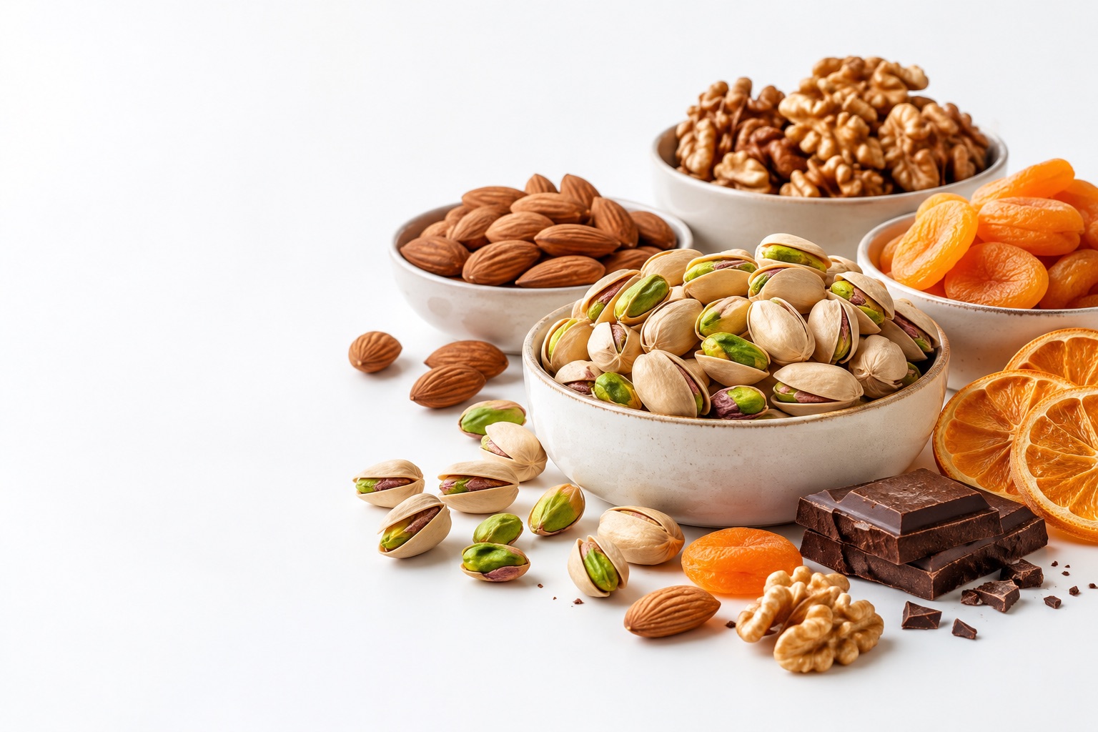 Nuts, dried fruit and chocolate on a white background